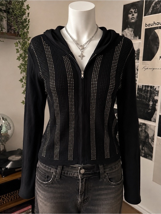 Vocal Tops - Rhinestone Studded Black Zip Up Hoodie Y2K Glam XL